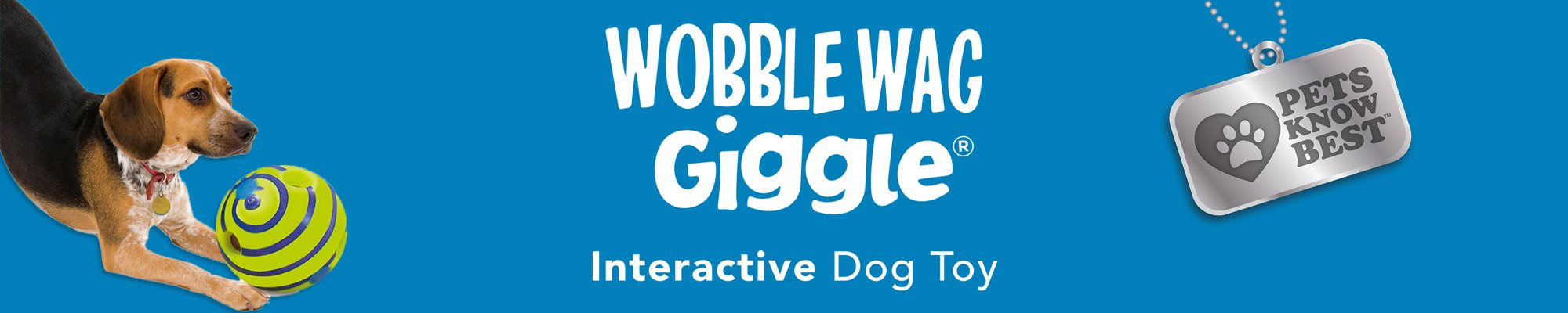 Wobble Wag Giggle interactive dog toy banner with a beagle and the giggle ball